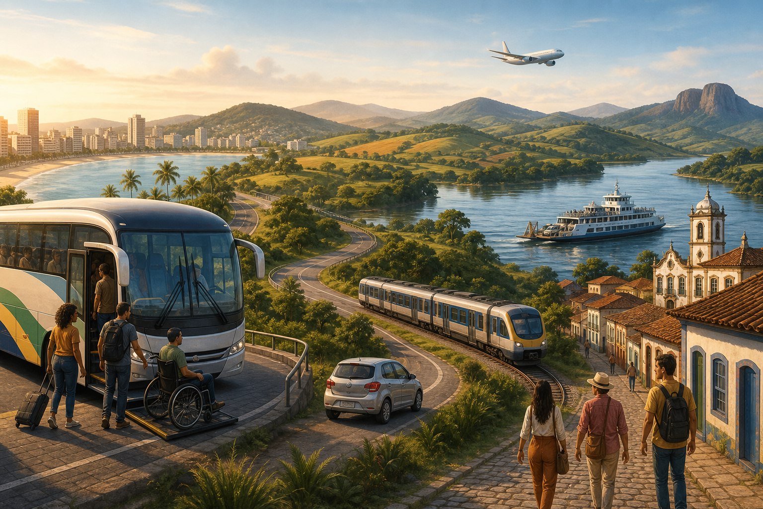 Viajantes usando ônibus, carro, trem, barco e avião entre diferentes destinos brasileiros