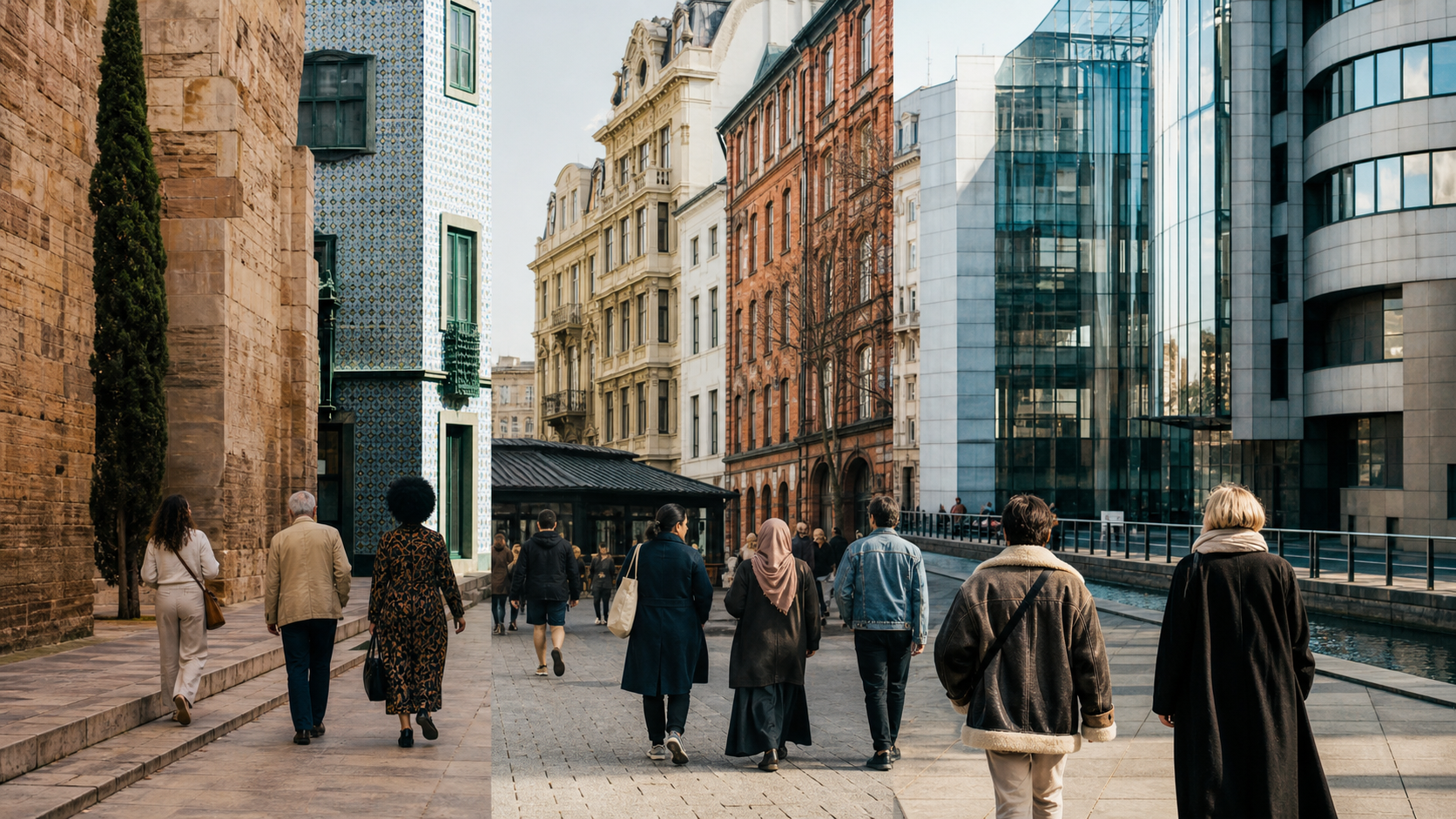 Pessoas diversas caminhando entre diferentes estilos de arquitetura europeia