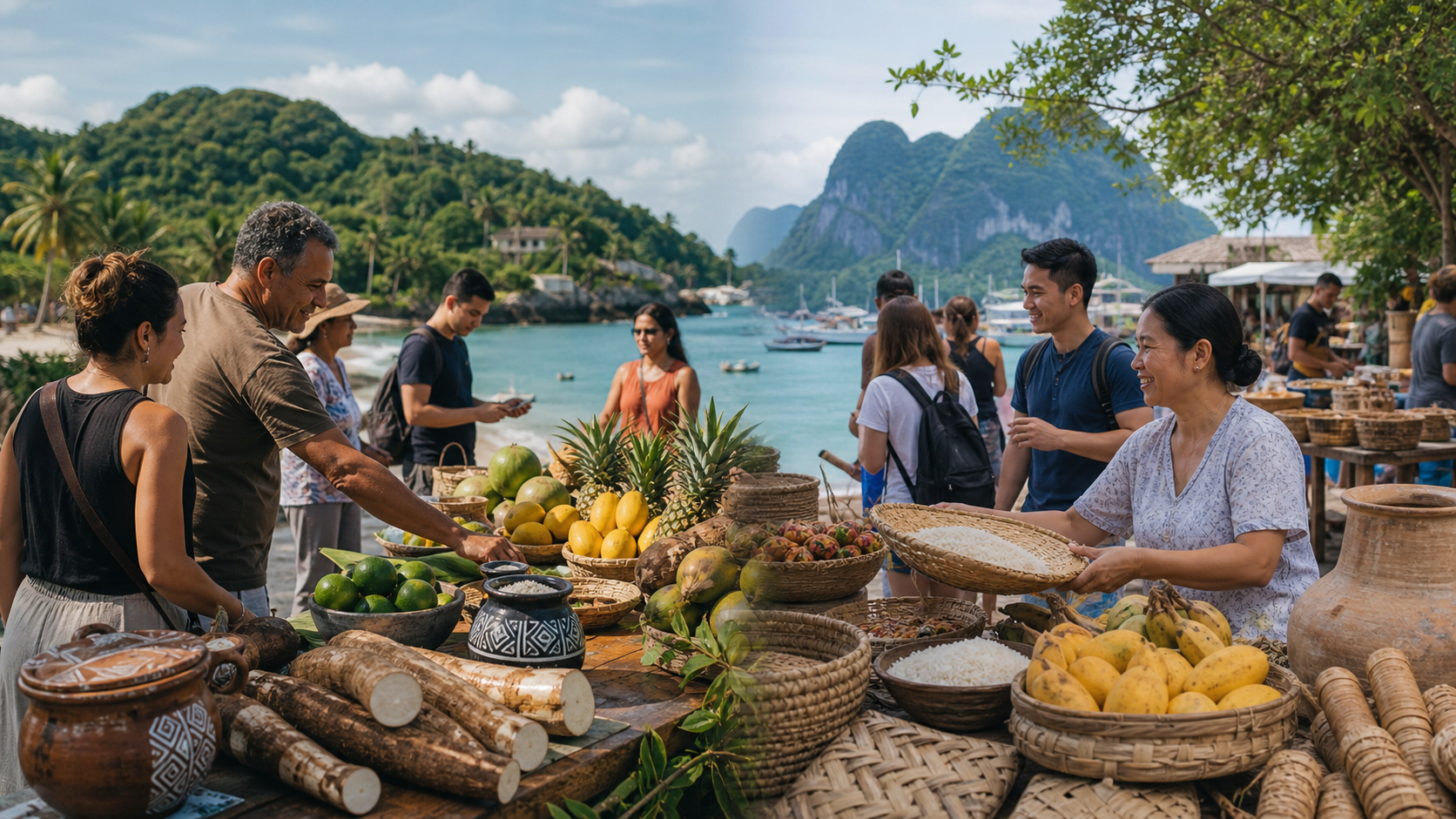 Viajantes e vendedores em um mercado costeiro com referências ao Brasil e às Filipinas