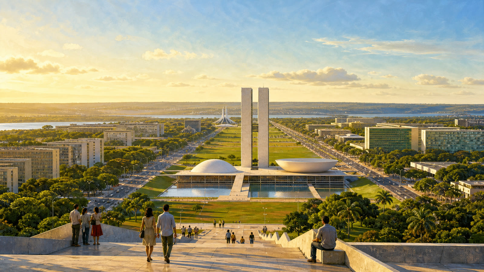 Vista do Eixo Monumental de Brasília e seus edifícios modernistas