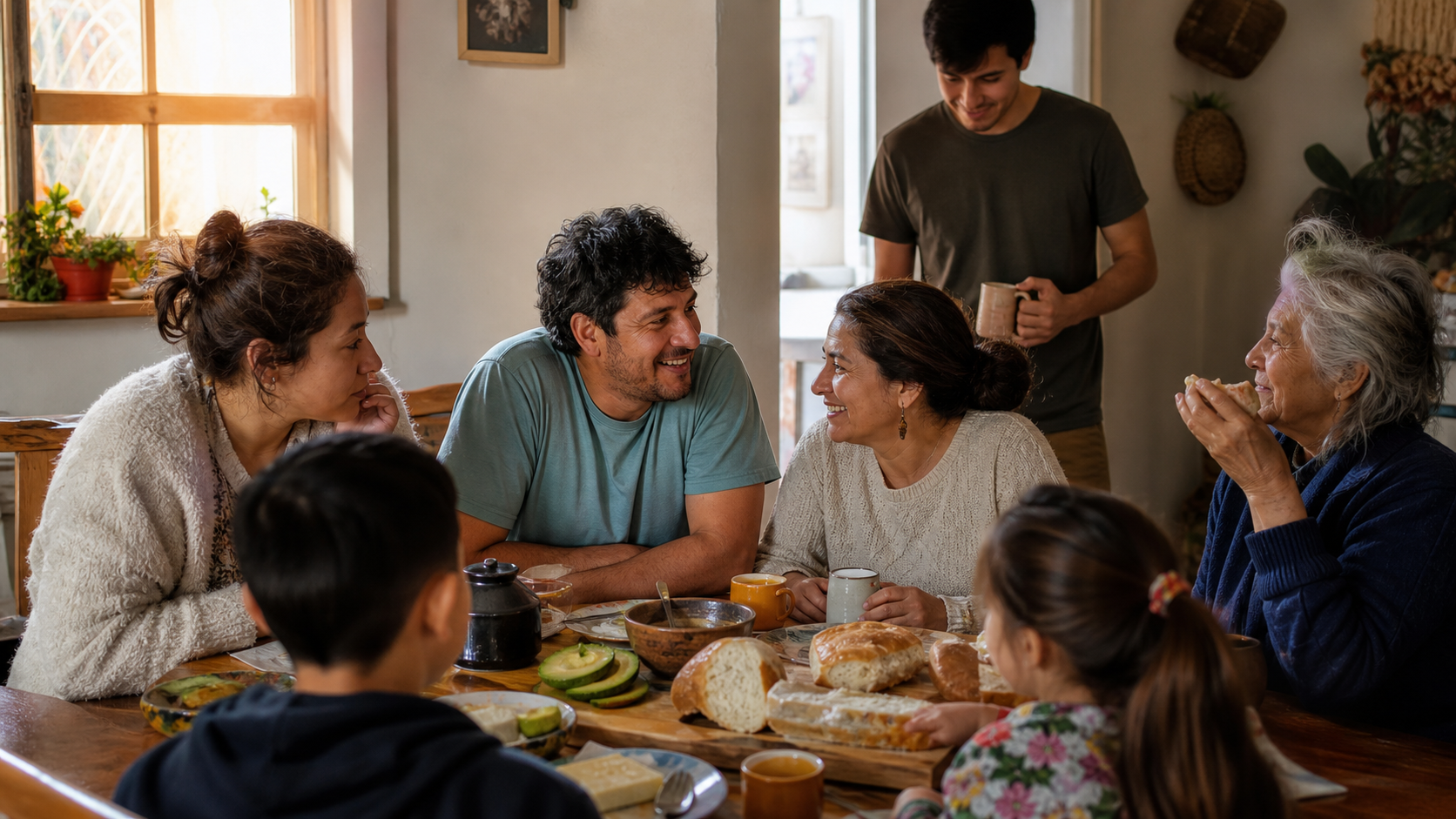 Família reunida à mesa para uma once com pão, palta e chá