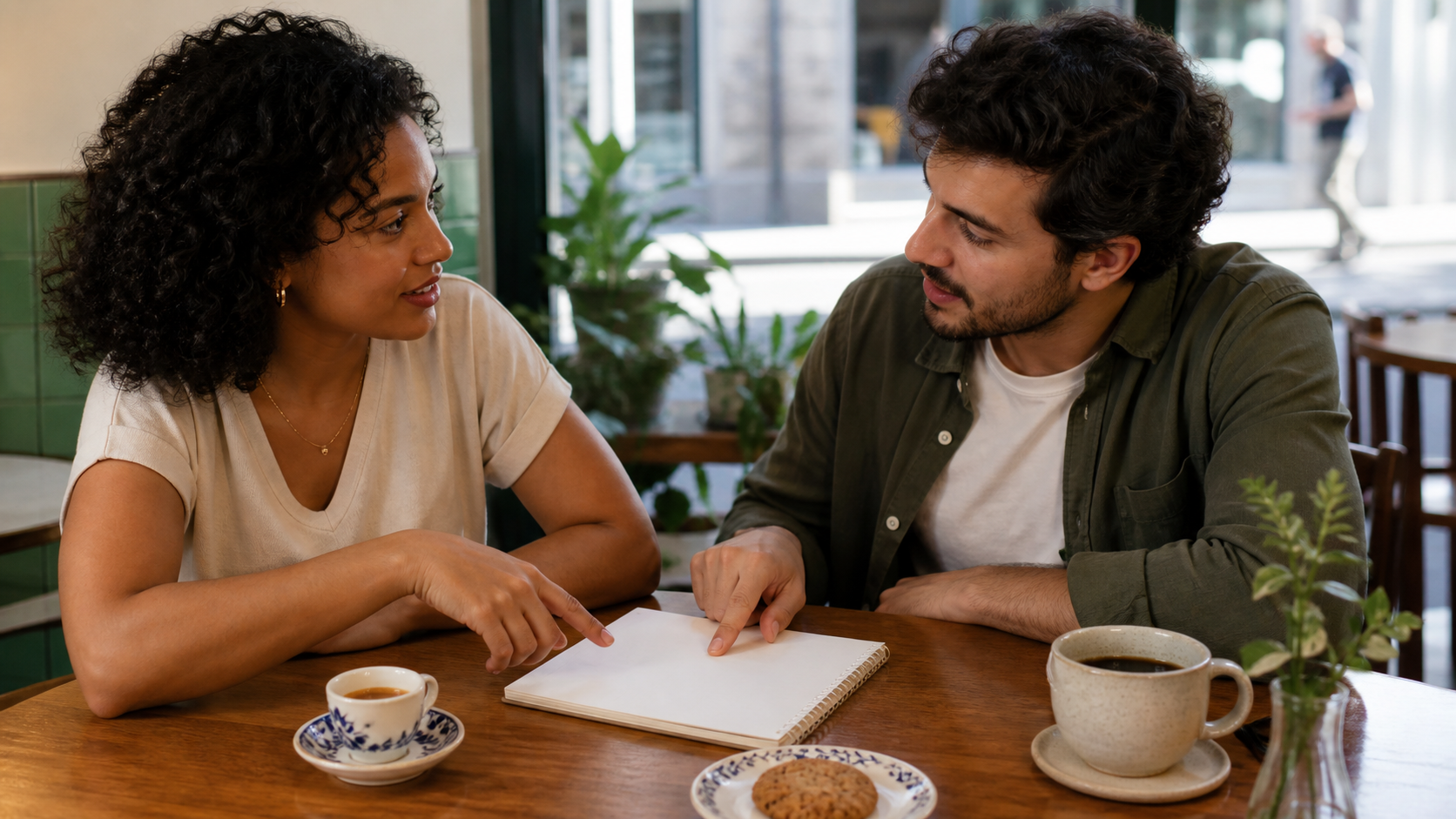 Duas pessoas conversando em um café diante de cafés de tamanhos diferentes e um caderno
