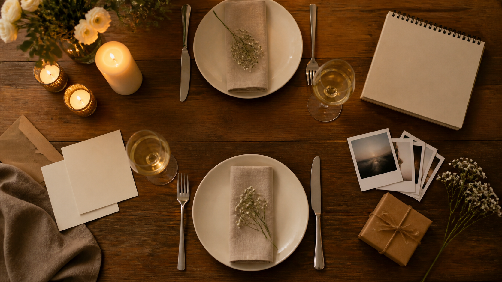 Mesa preparada para aniversário de namoro com jantar, fotos e presente