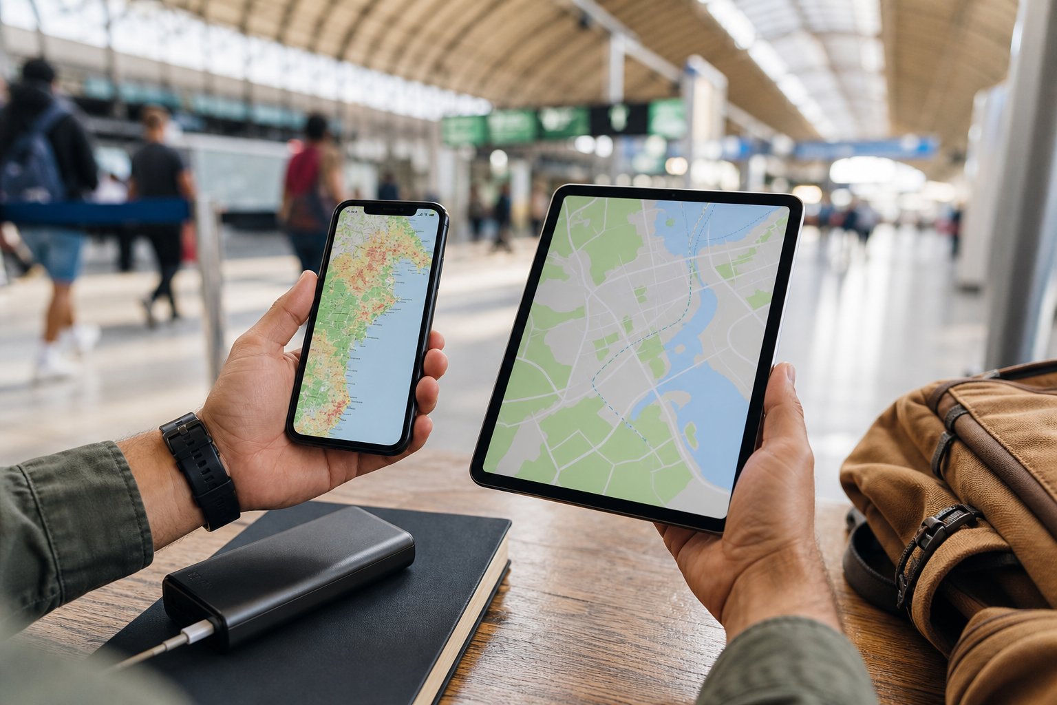 Viajante comparando cobertura móvel e mapa offline antes de uma viagem