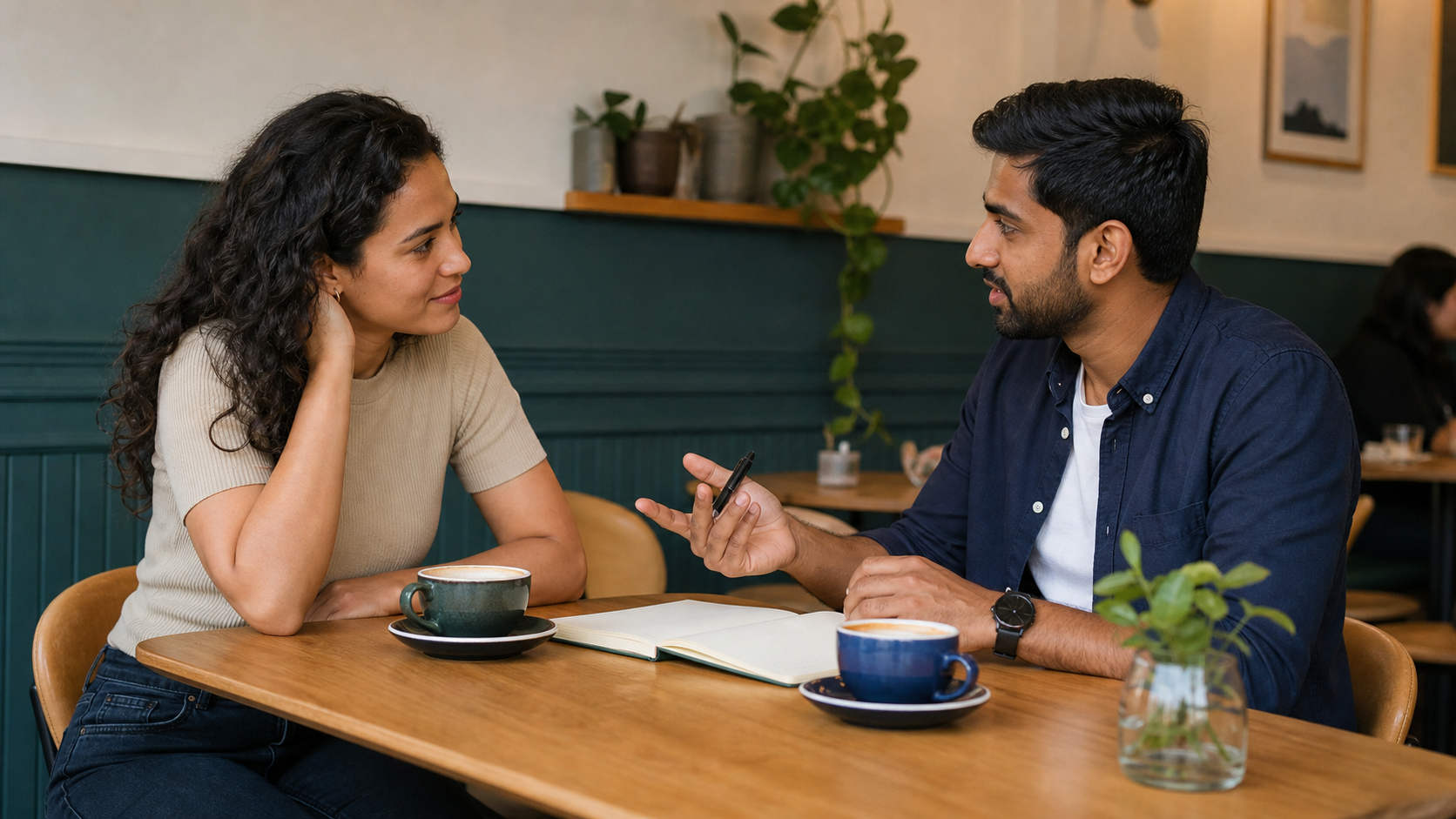 Casal intercultural conversando em um café com um caderno aberto entre eles