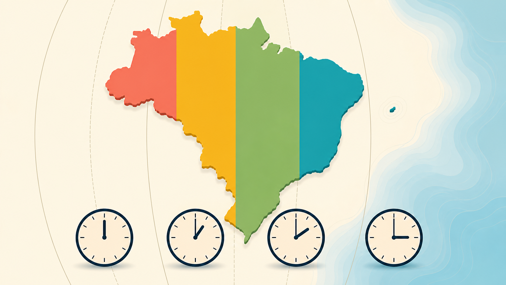 Mapa do Brasil dividido entre os quatro fusos horários oficiais