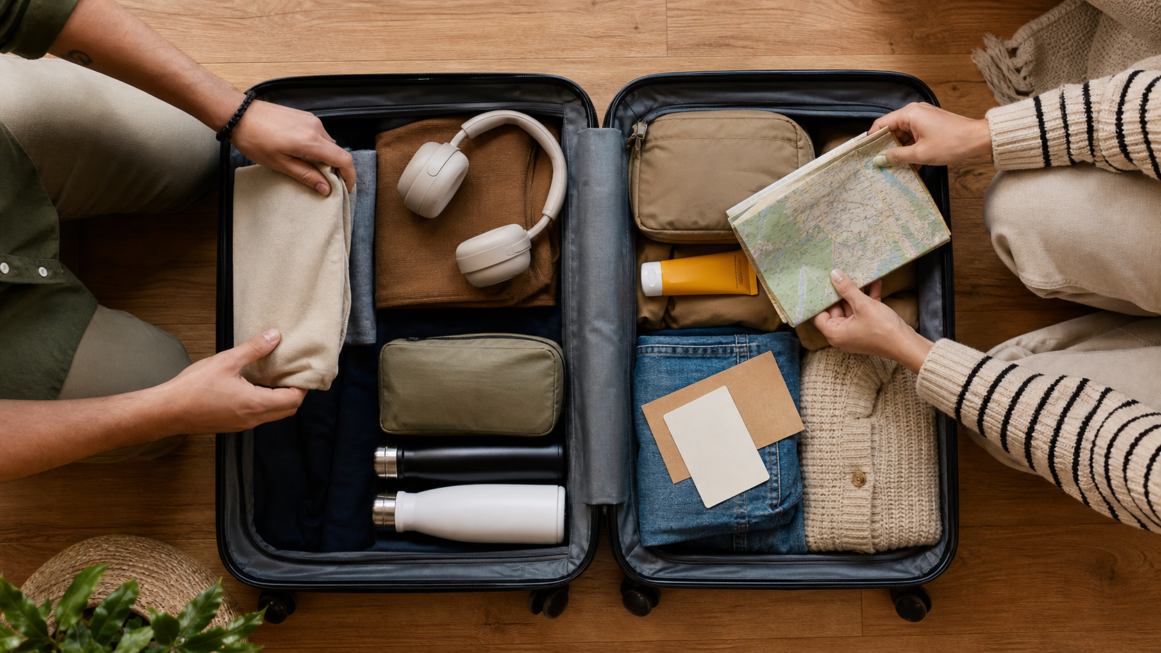 Casal organizando duas malas para a primeira viagem juntos
