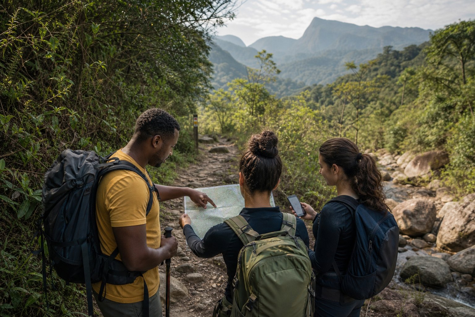Caminhantes conferindo mapa em uma trilha de longo curso no Brasil