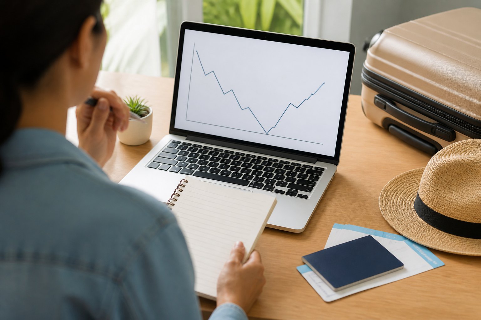 Viajante analisando um gráfico de atividade turística antes de reservar