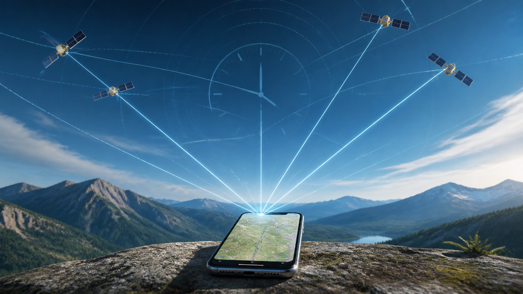 Celular calculando sua posição com sinais enviados por quatro satélites GPS