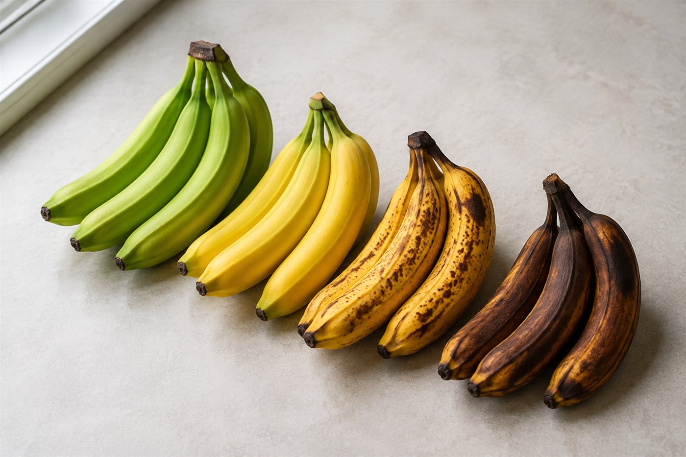 Bananas em diferentes estágios de amadurecimento e escurecimento