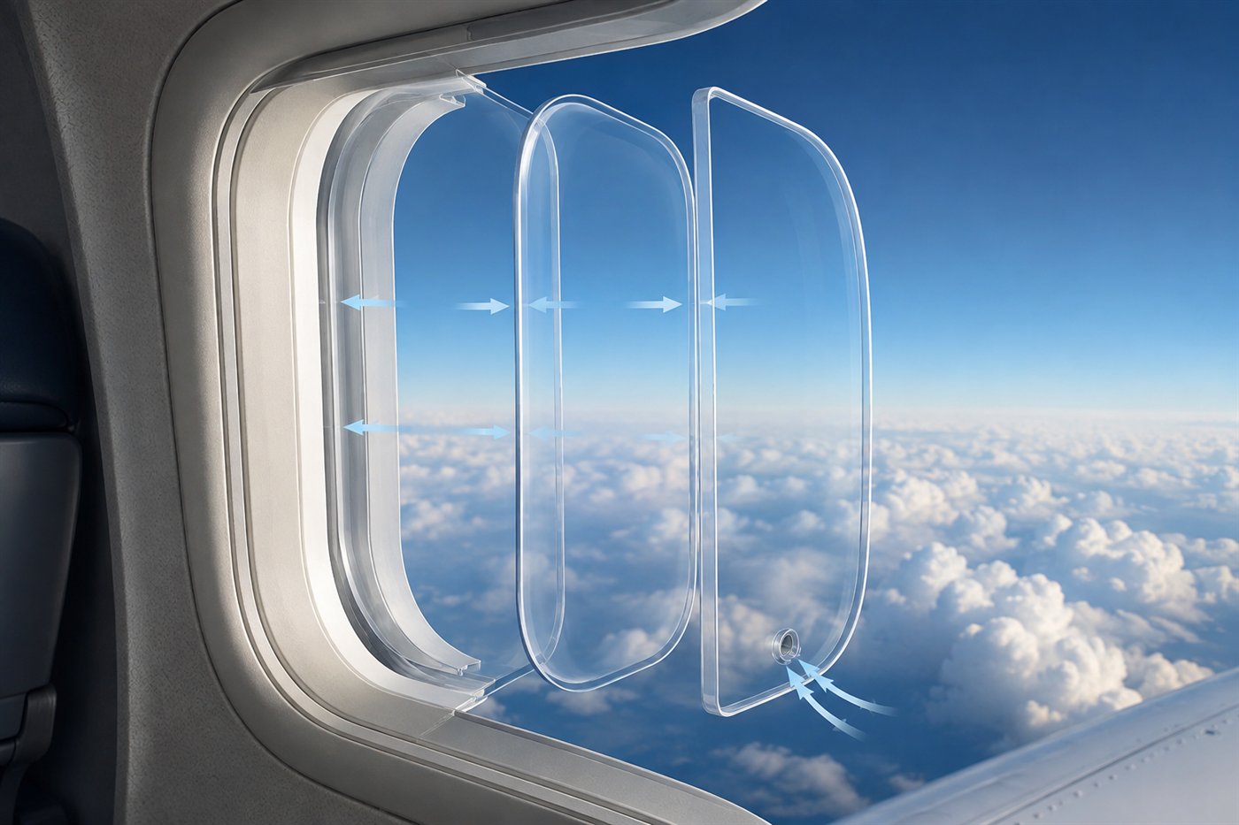 Diagrama das camadas e do pequeno furo de uma janela de avião