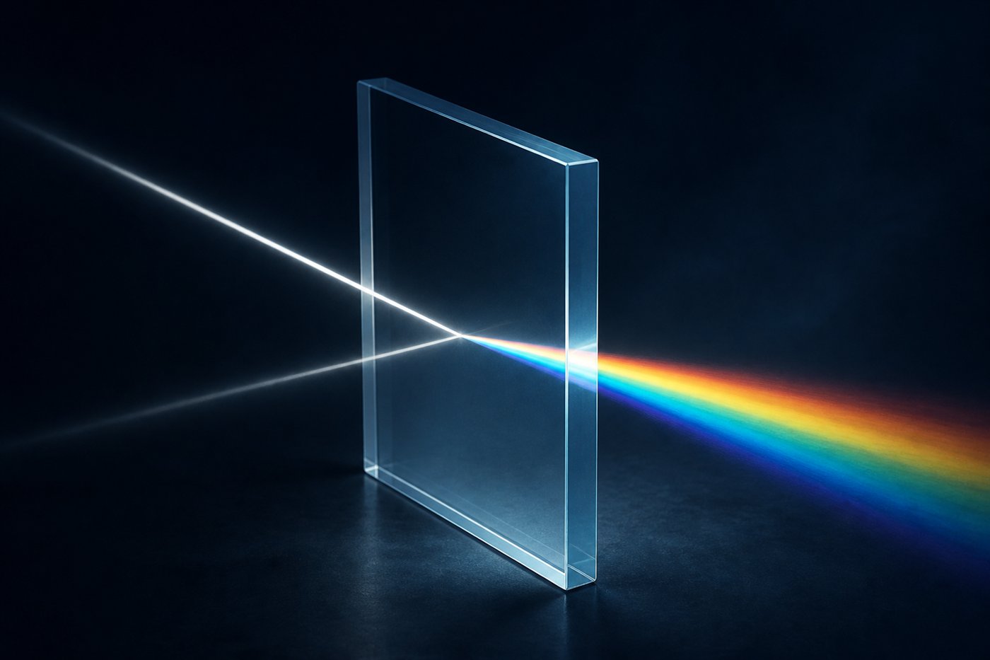 Luz sendo refletida e transmitida por uma placa de vidro