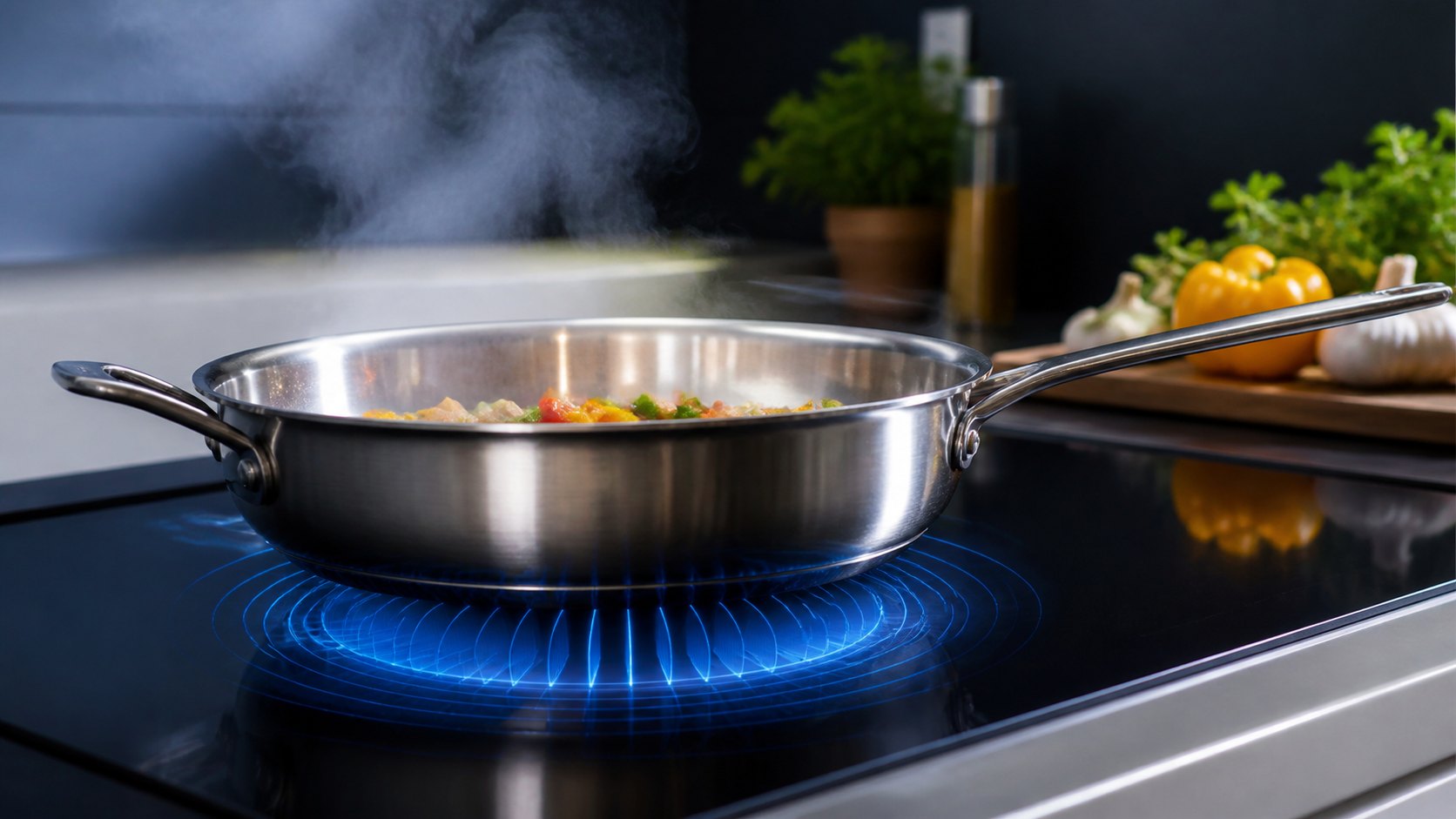Panela sobre um cooktop de indução com representação do campo magnético